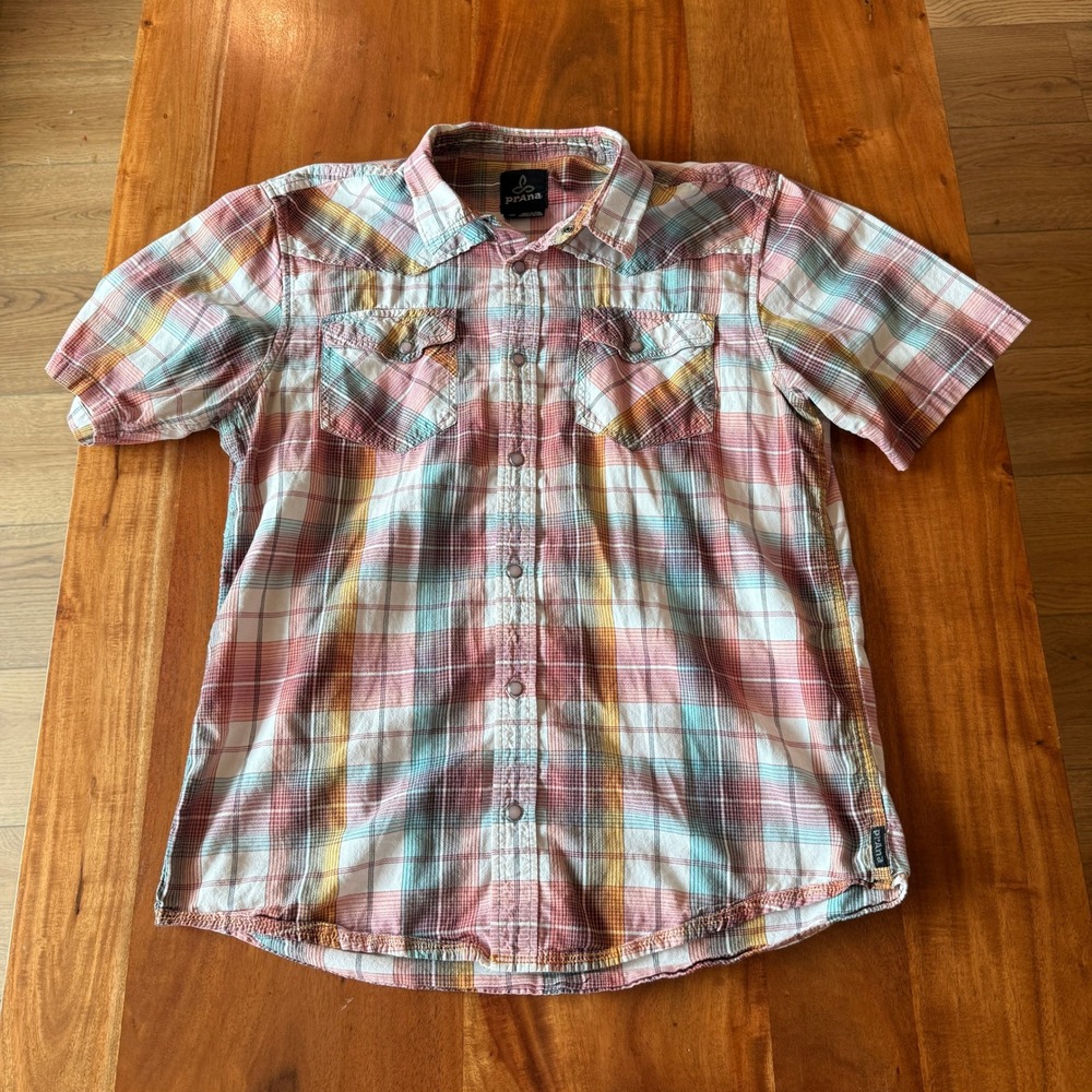 Prana Men's‎ Pink/Orange/Blue Plaid Pearl Snap Short Sleeve Shirt Size L